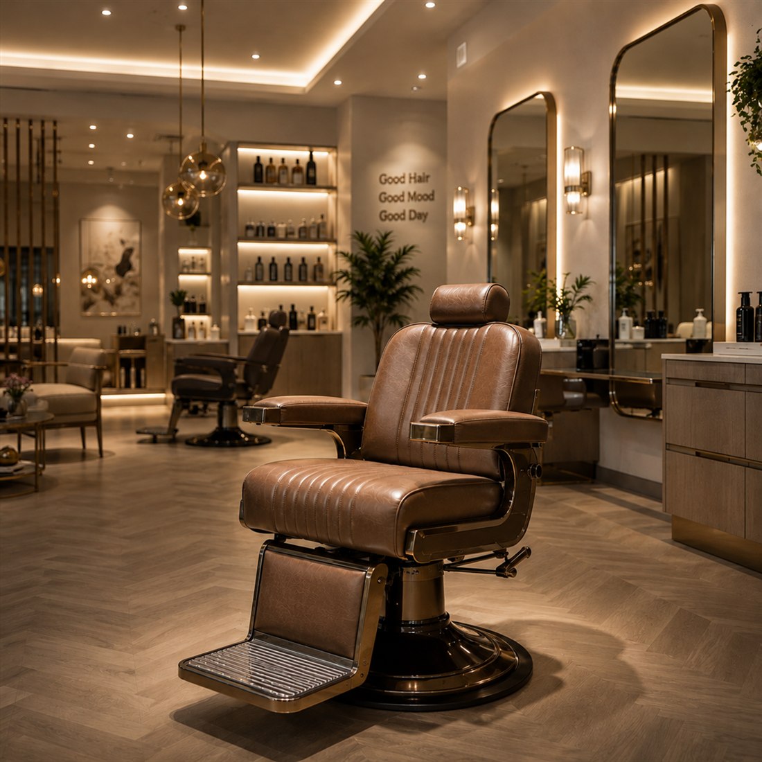 A brown leather barber's chair in a warmly lit salon, mirrors and shelves behind it